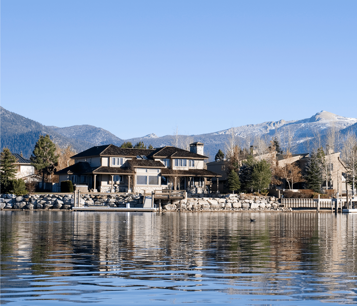 Lakefront house with mountain reflections