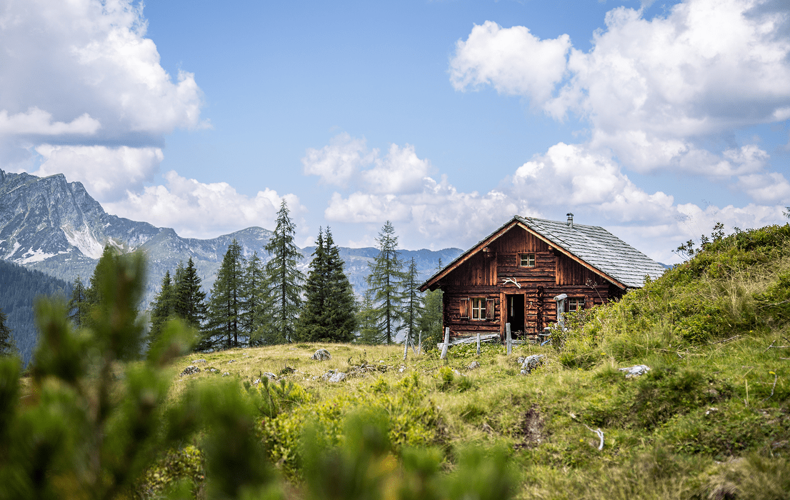 Rustic wooden cabin in alpine meadow with mountains