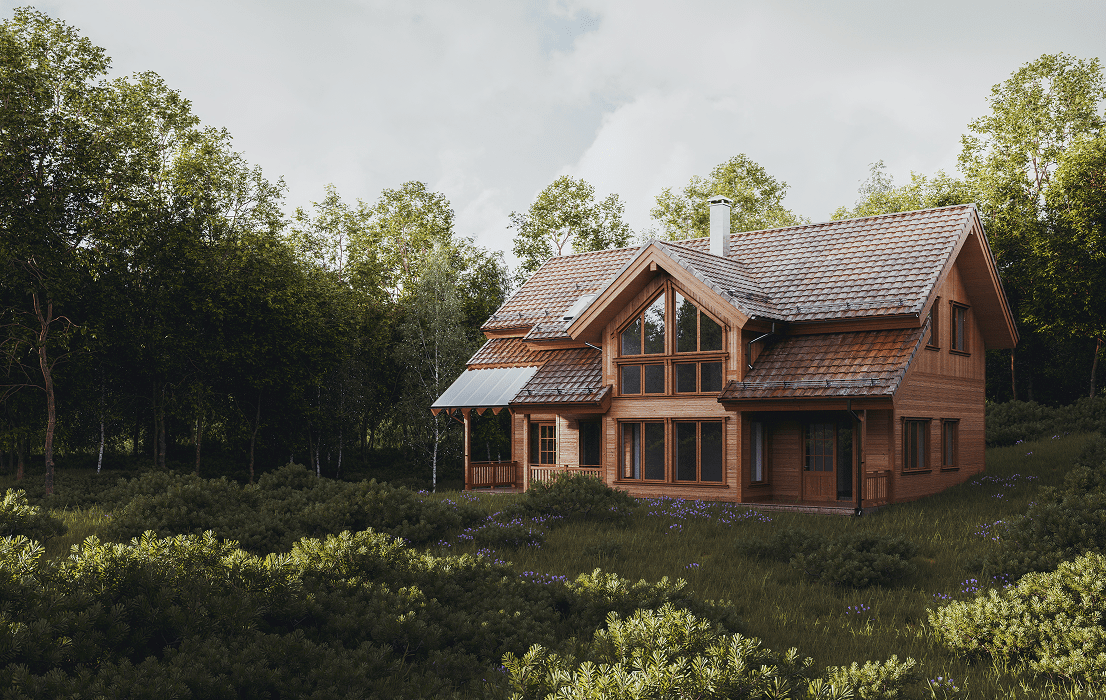 Rustic wooden house in forest clearing