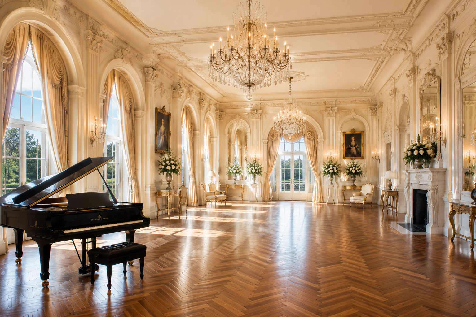 Luxurious ballroom with grand piano and chandeliers