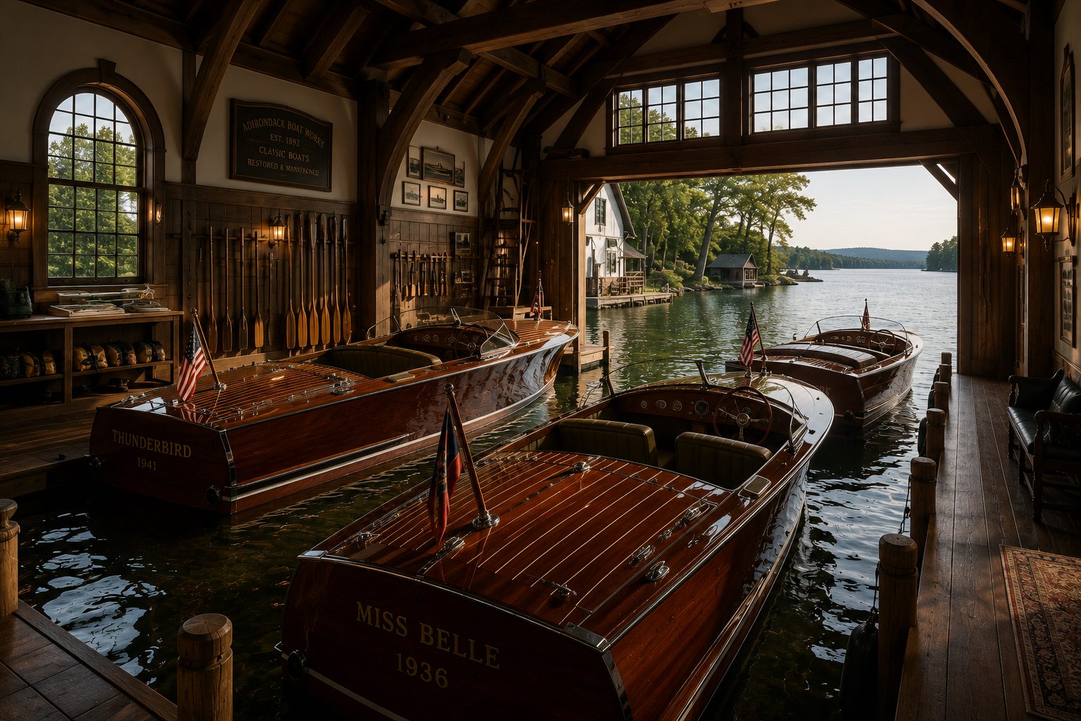 Vintage wooden boats docked inside lakeside boathouse