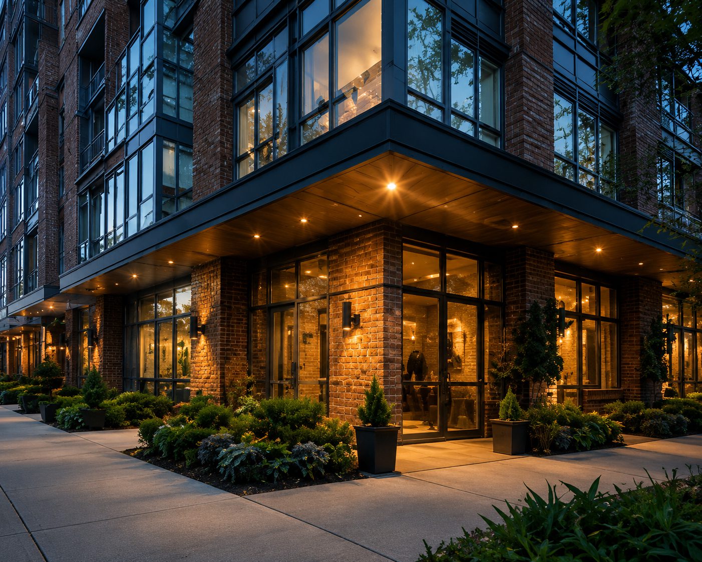 Warmly lit corner entrance of luxury apartment building
