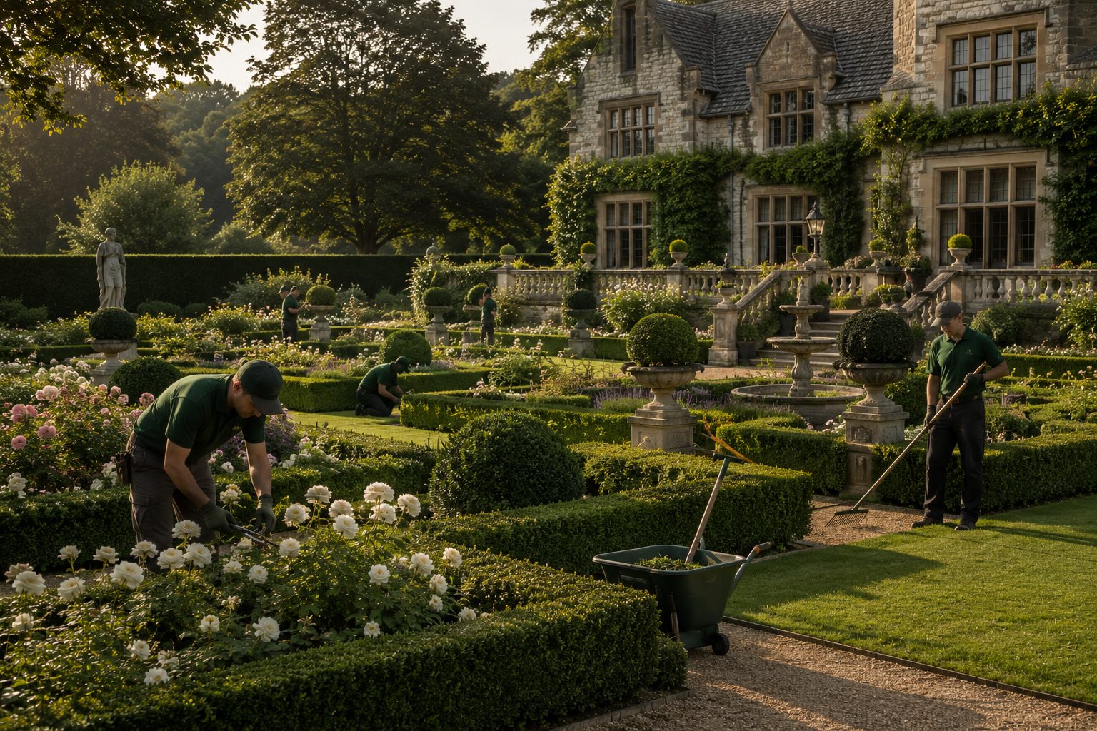 Gardeners trimming formal hedges at historic estate