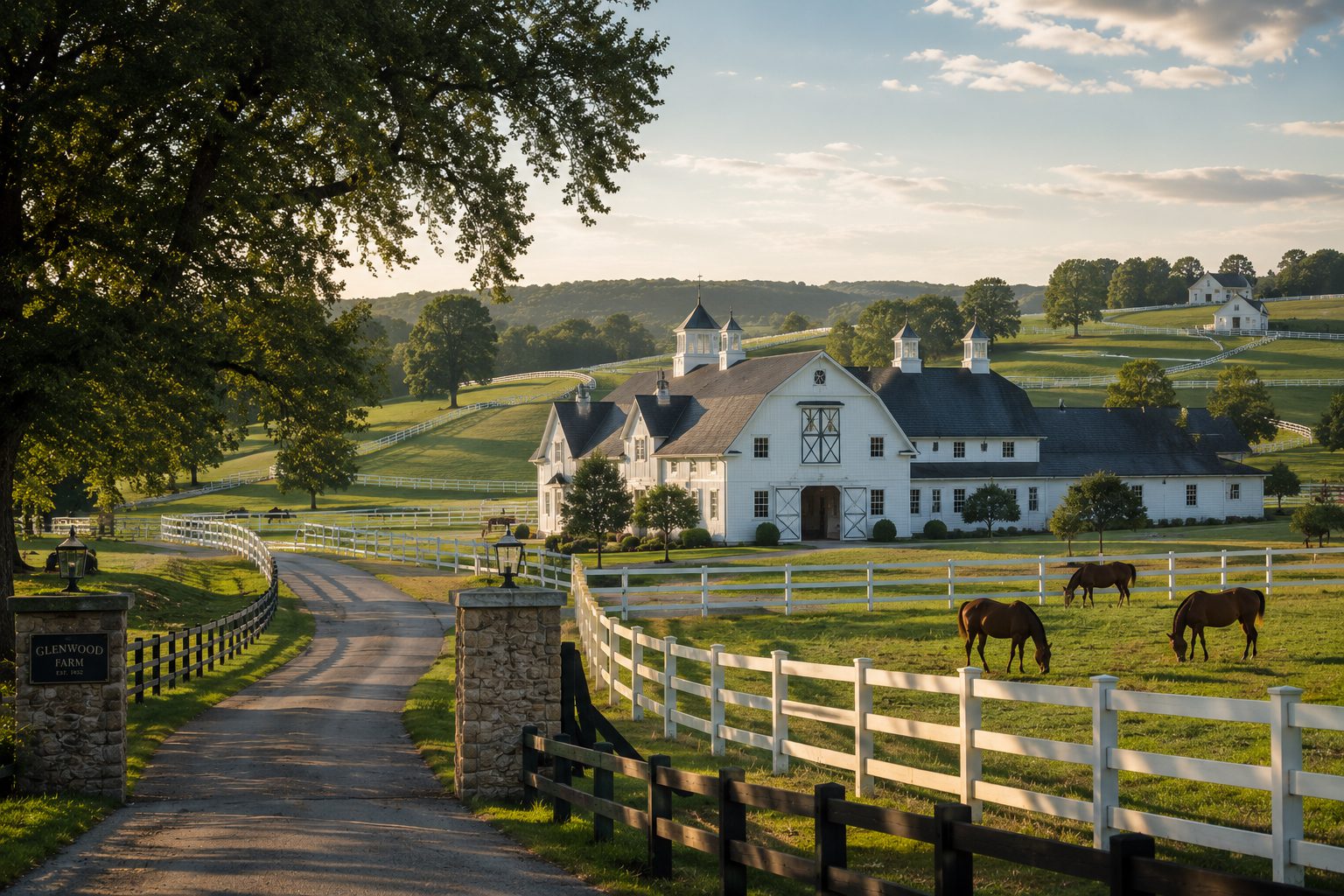 White farmhouse with grazing horses and fences