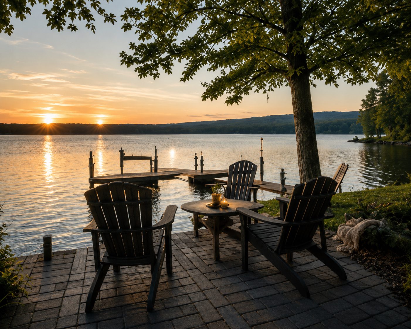Lakeside Adirondack chairs and dock at sunset