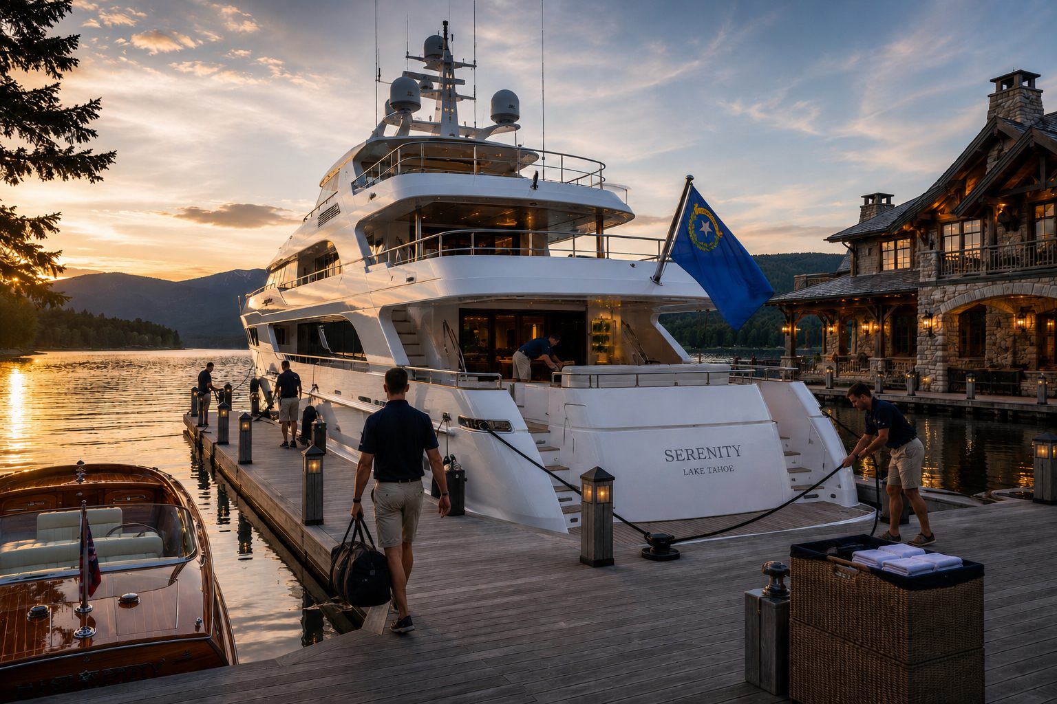 Luxury yacht docked at lakeside during sunset