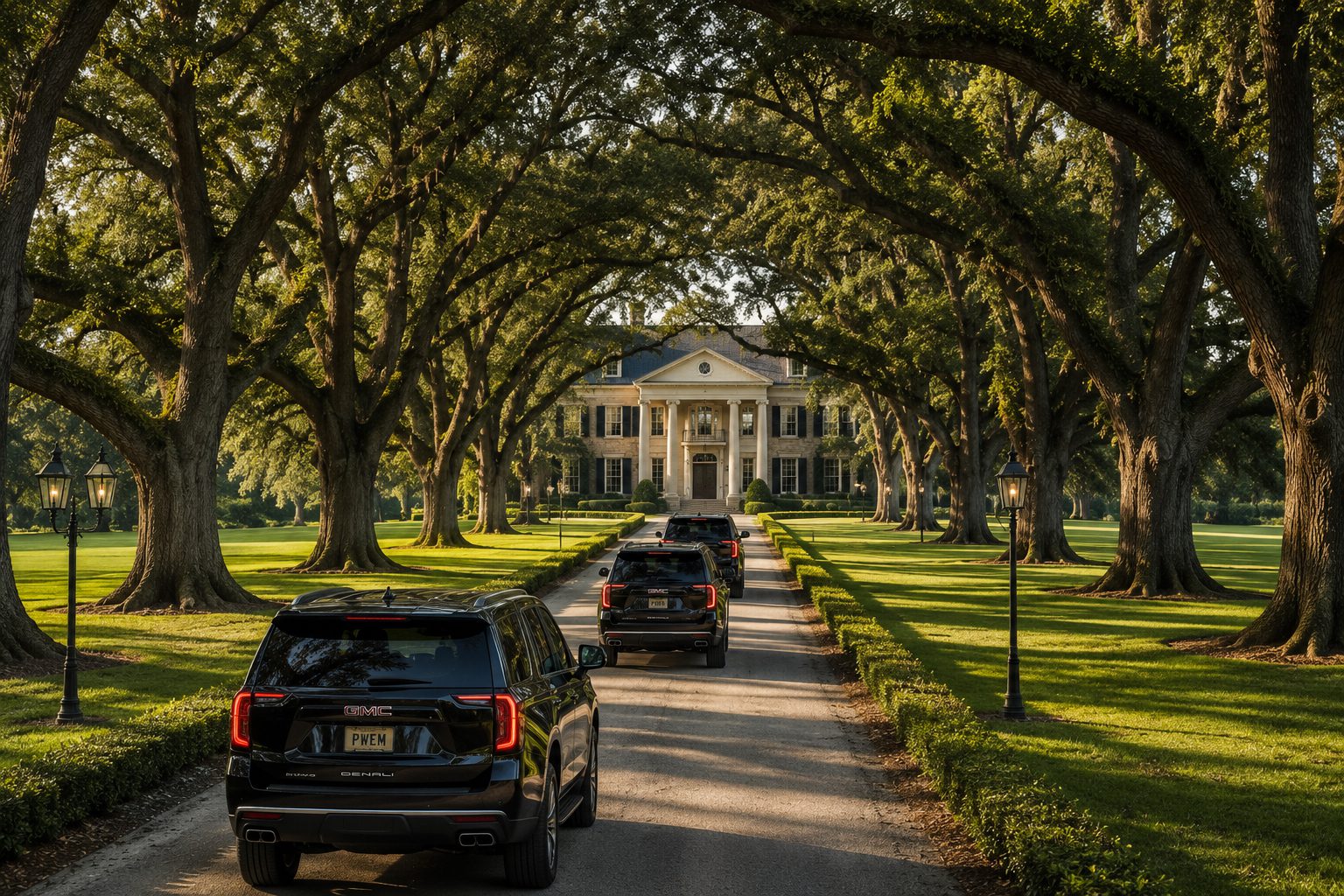 SUVs driving toward antebellum mansion under oak canopy