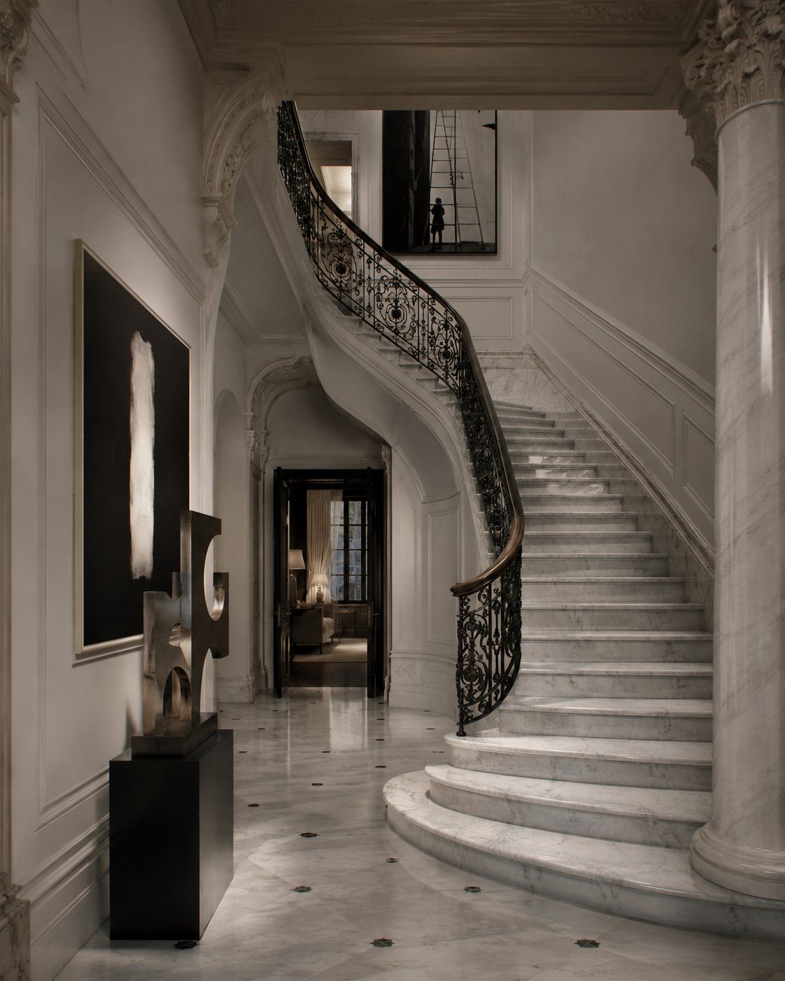 Grand curved marble staircase with ornate banister
