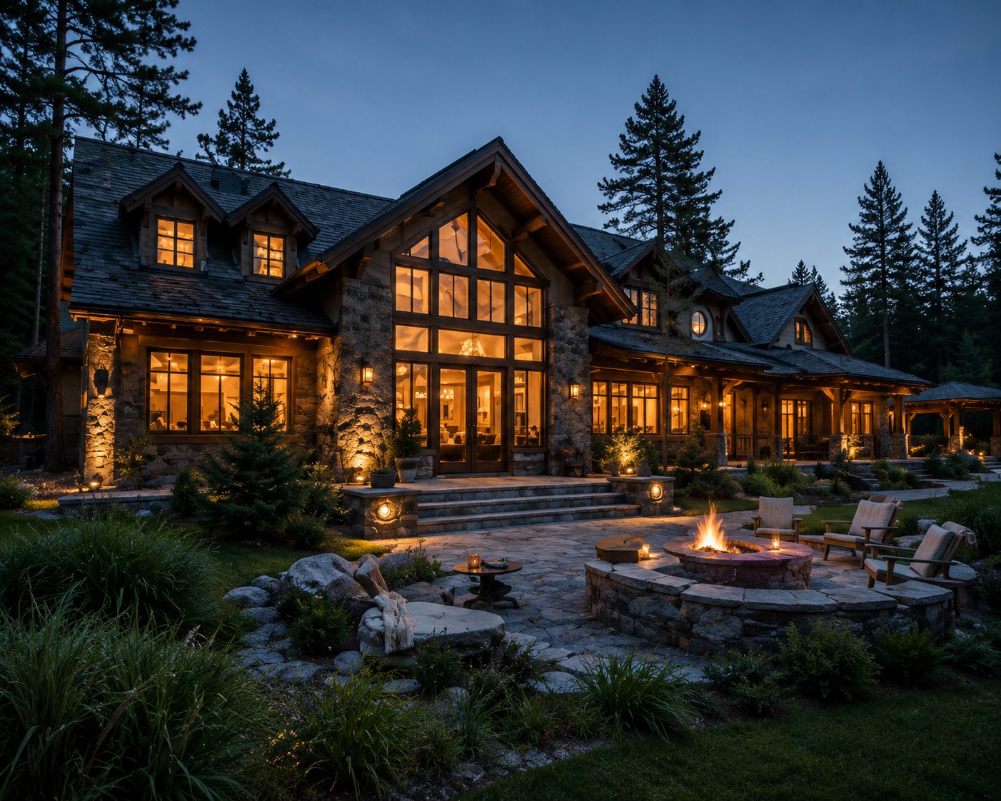 Cozy mountain lodge at dusk with fire pit
