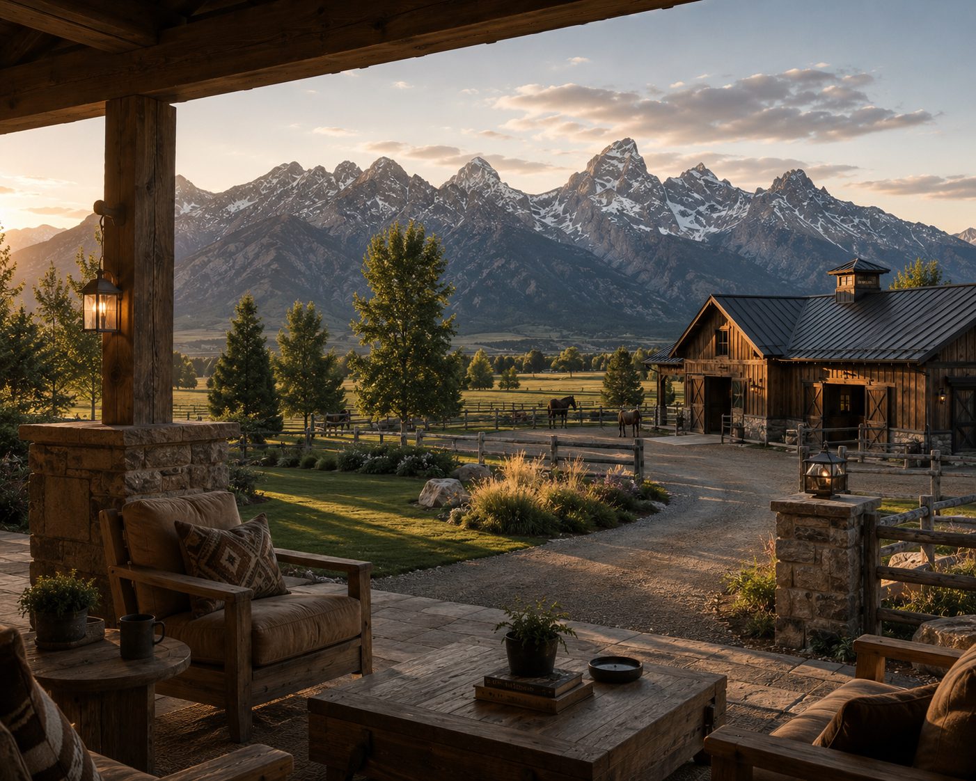 Cozy porch overlooking barn and snow-capped mountains