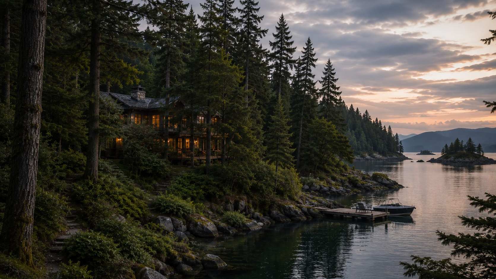 Mountain lake view with dock and mug