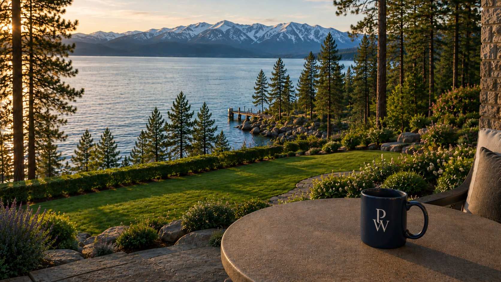 Mountain lake view with dock and mug