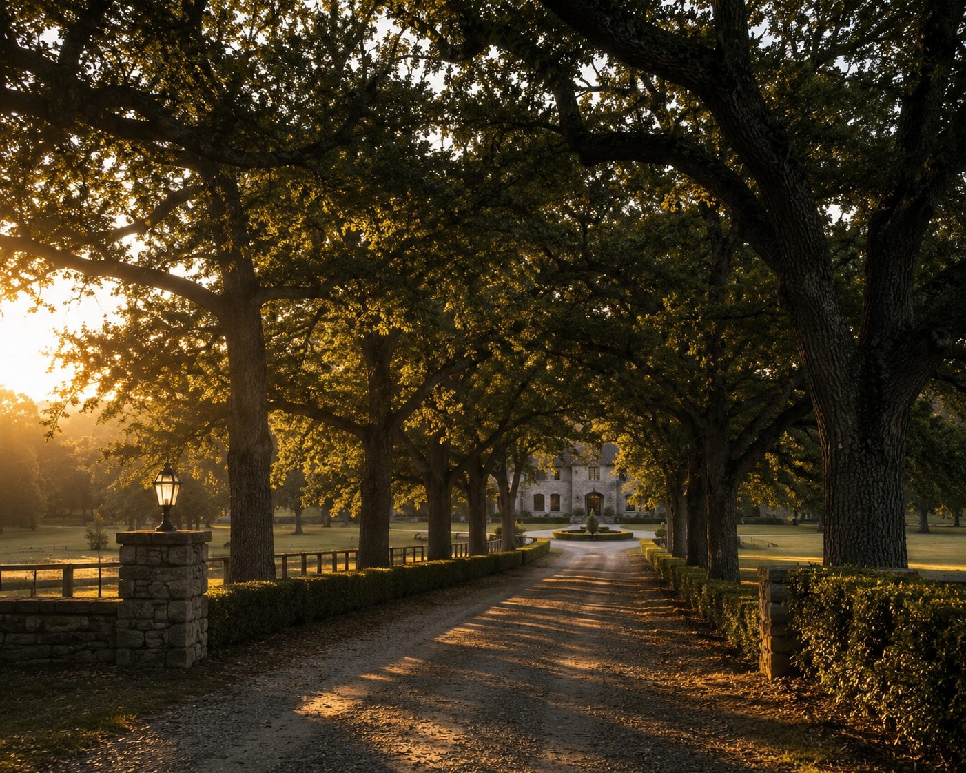 Sunlit tree lined driveway leading to mansion