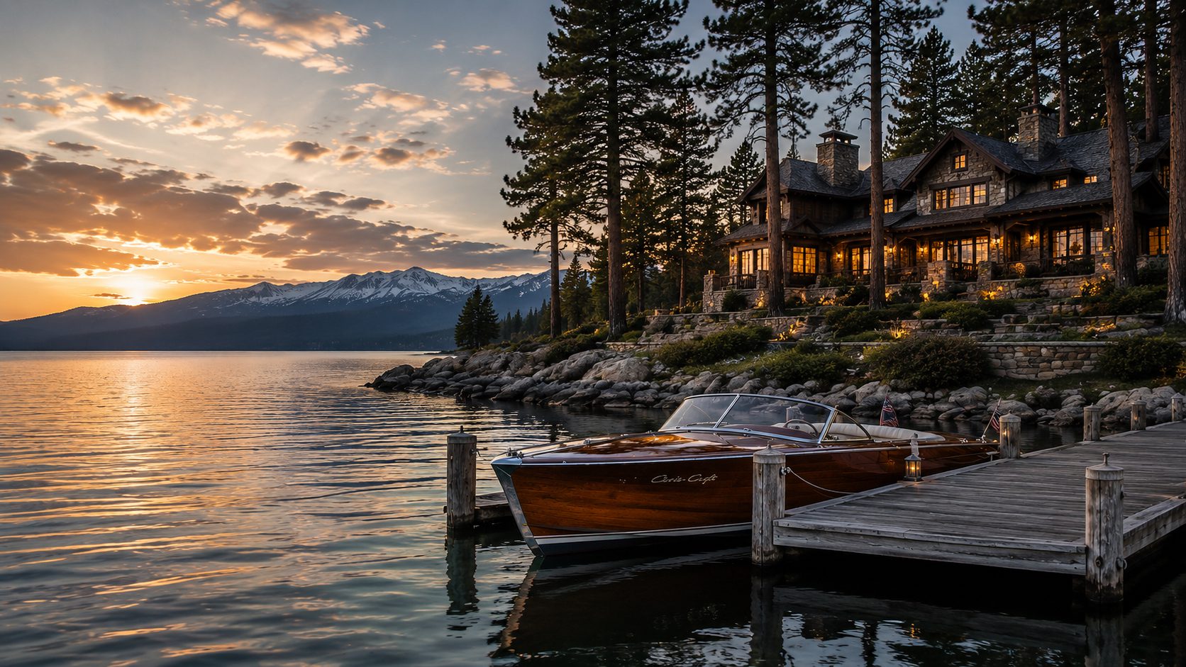 Wooden boat docked by lakeside cabin at sunset