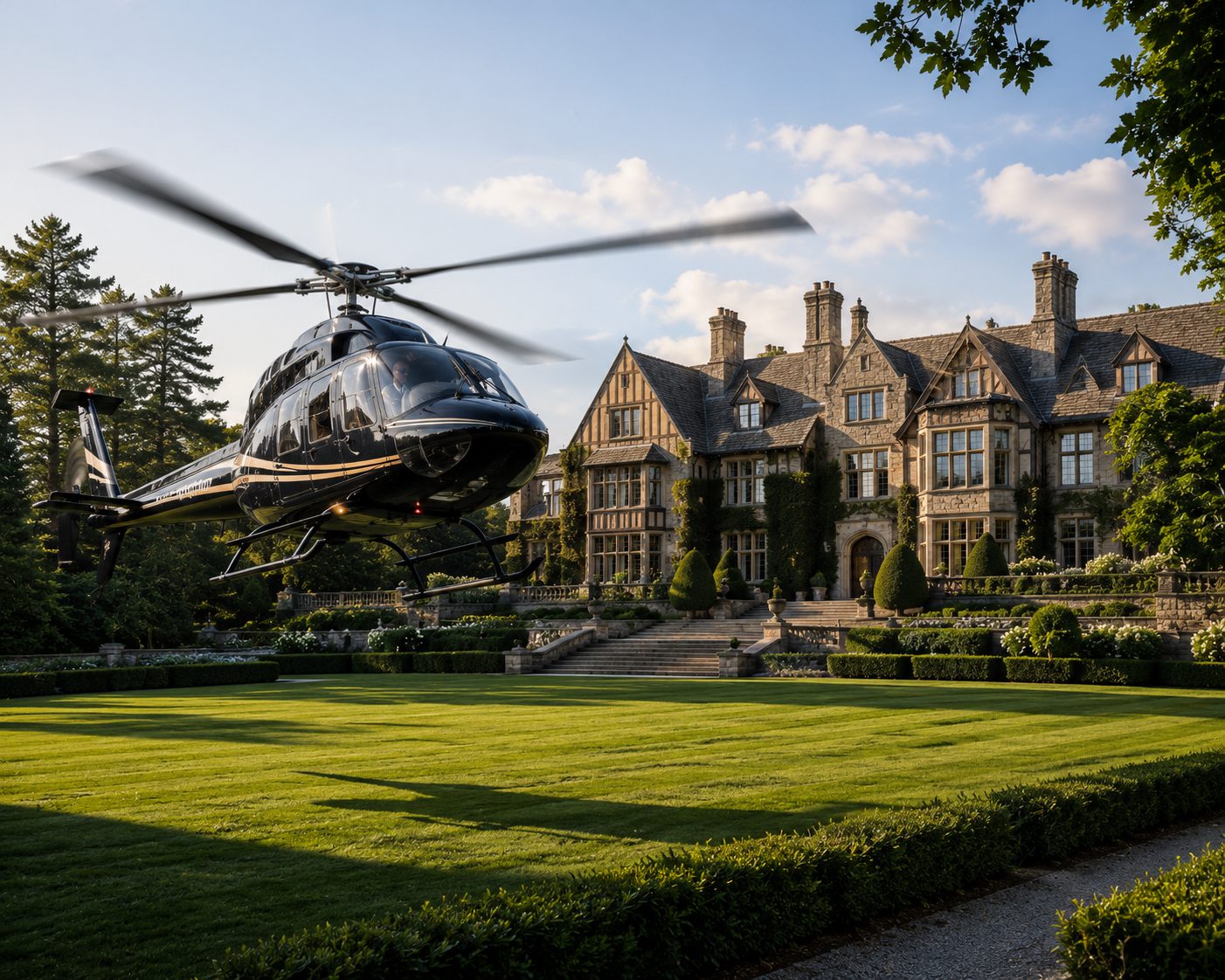 Black helicopter landing at luxury mansion