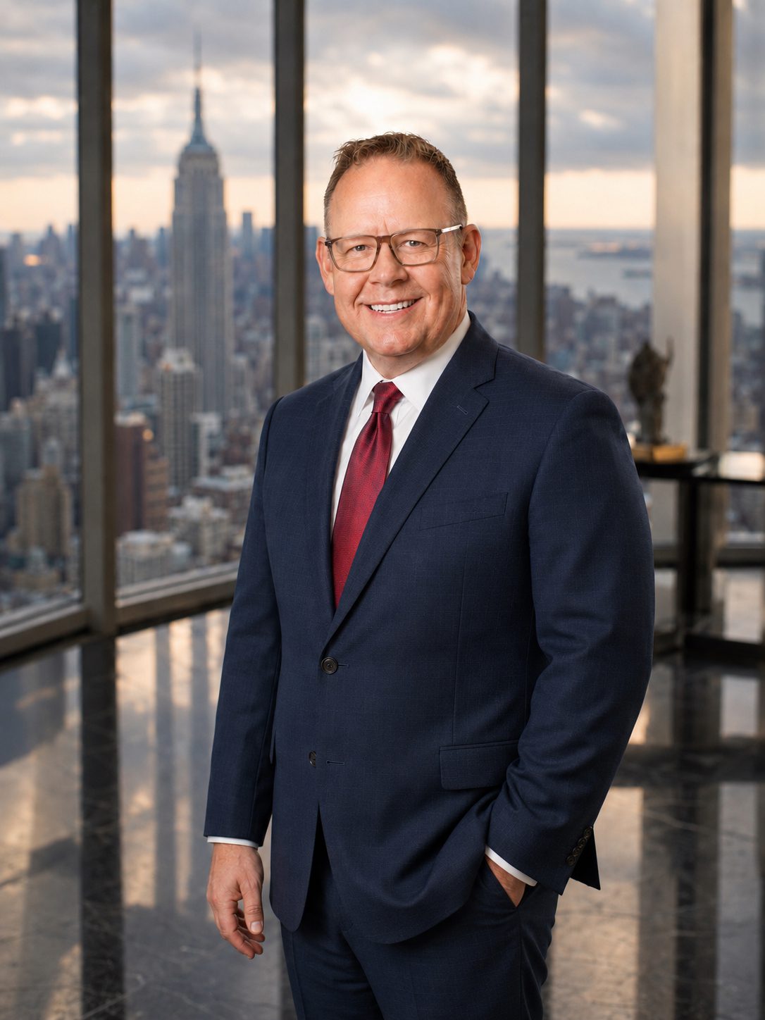 Executive in navy suit smiling with skyline