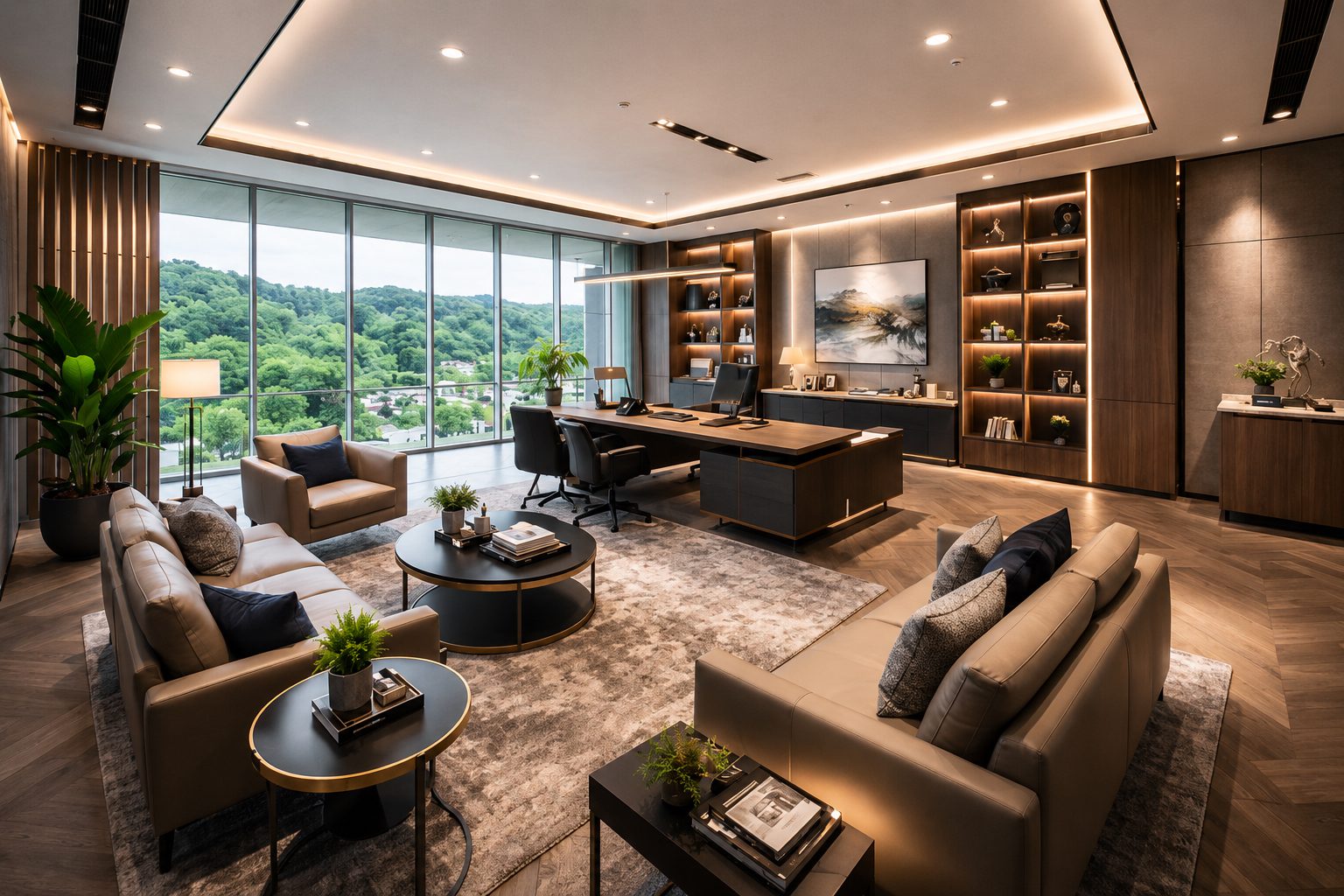 Modern executive office with sofas and forest view