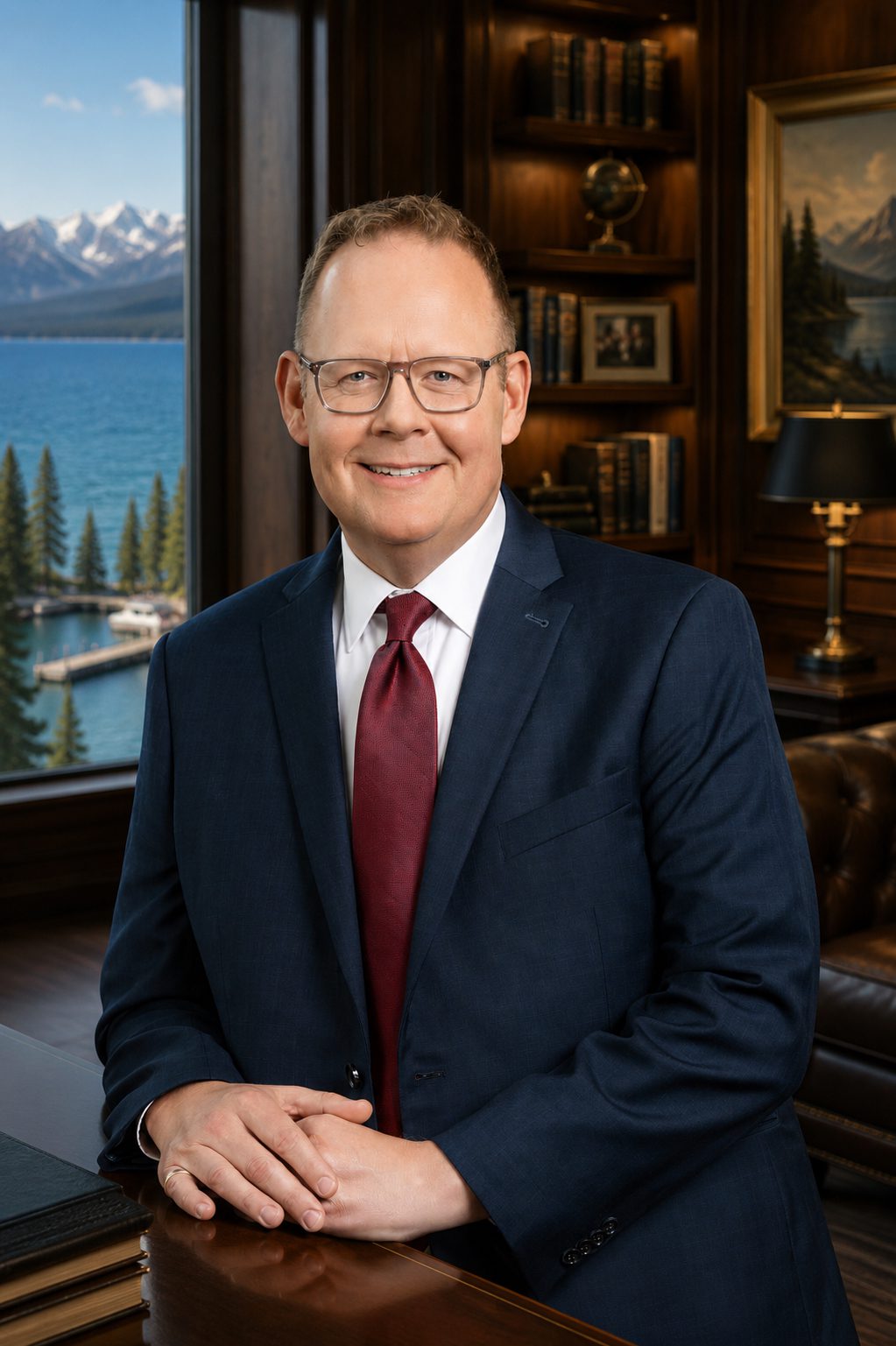 Smiling businessman in suit in lakeside office