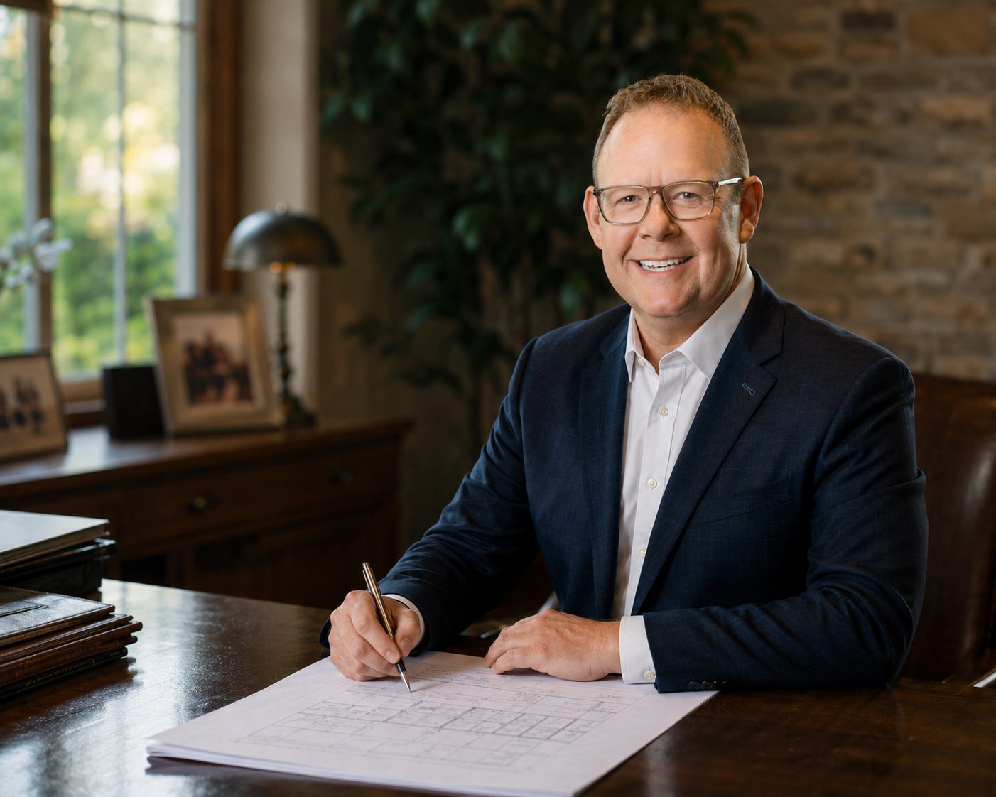 Smiling professional signing architectural blueprints at desk