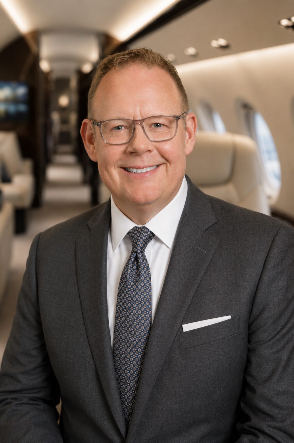 Smiling businessman wearing glasses in private jet