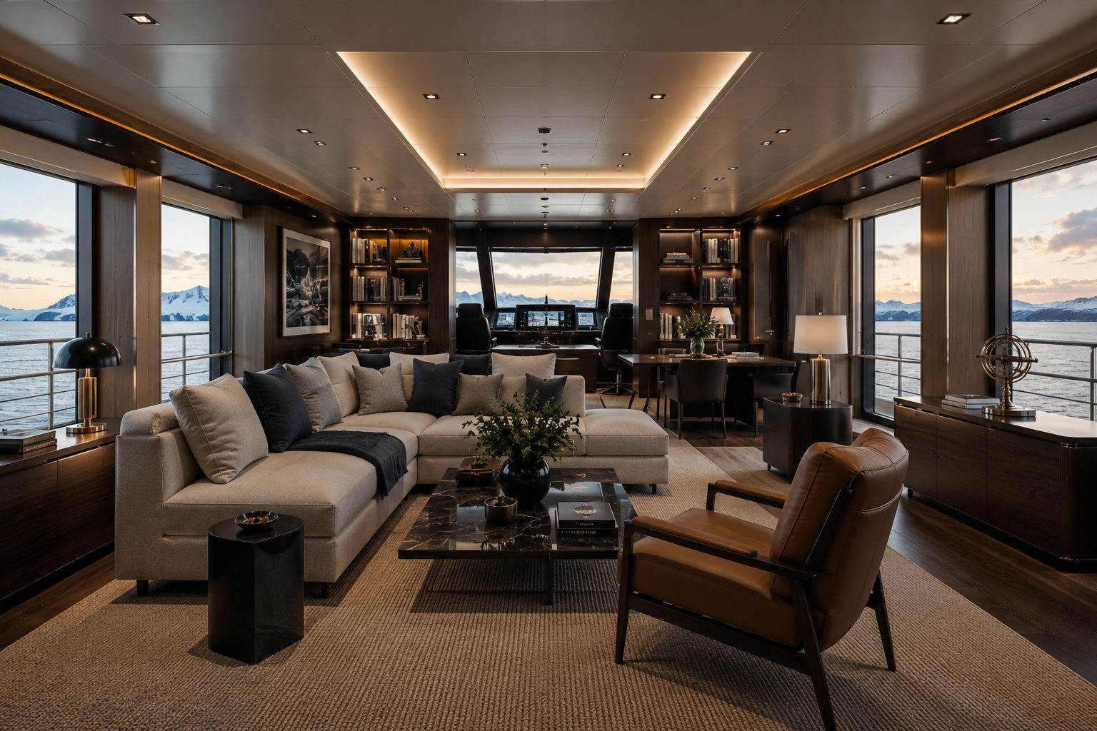 Luxurious yacht salon with panoramic ocean views
